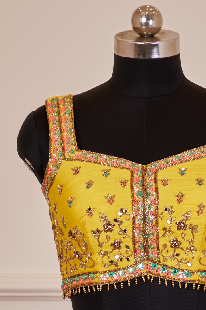 Yellow with White Multicolor Tie and Dye Print, Mirror and Zari work Crop Top Lehenga - Seasons Chennai