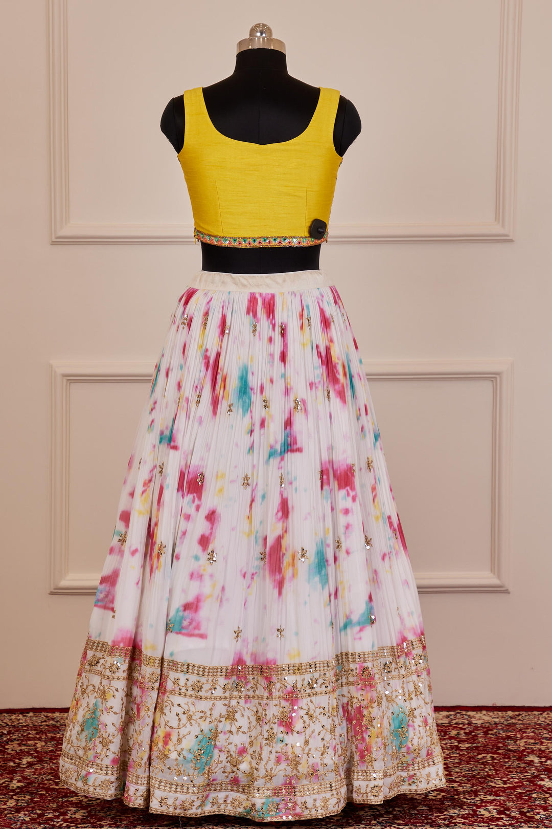 Yellow with White Multicolor Tie and Dye Print, Mirror and Zari work Crop Top Lehenga - Seasons Chennai