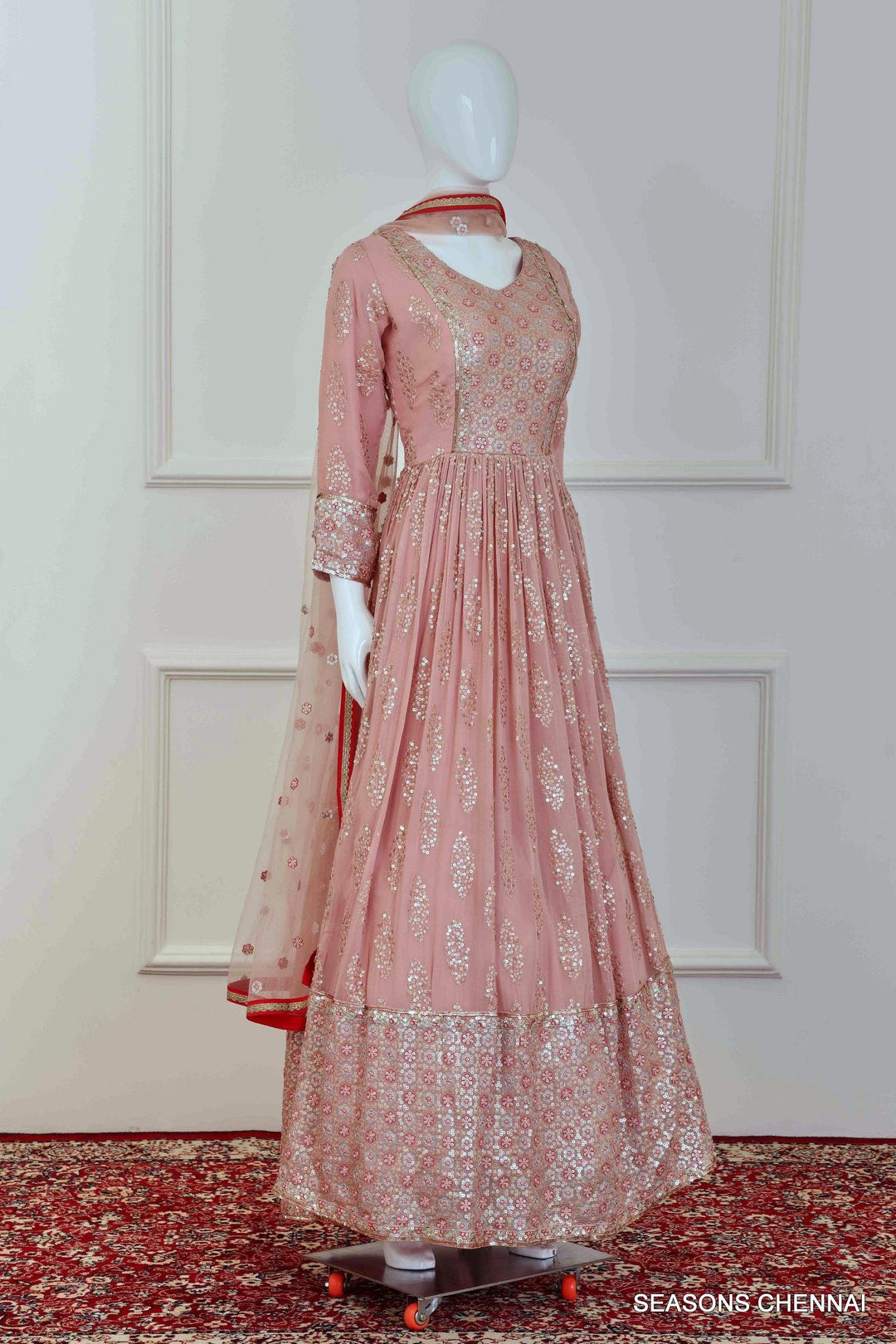 Peach Sequins and Thread work Floor Length Partywear Gown - Seasons Chennai