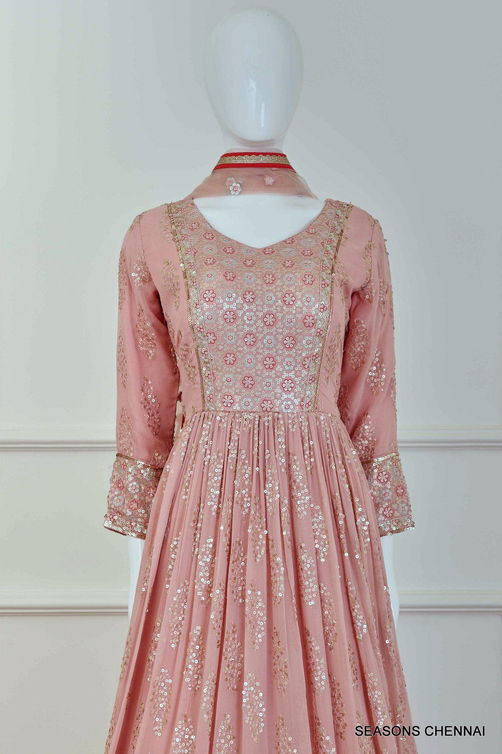 Peach Sequins and Thread work Floor Length Partywear Gown - Seasons Chennai
