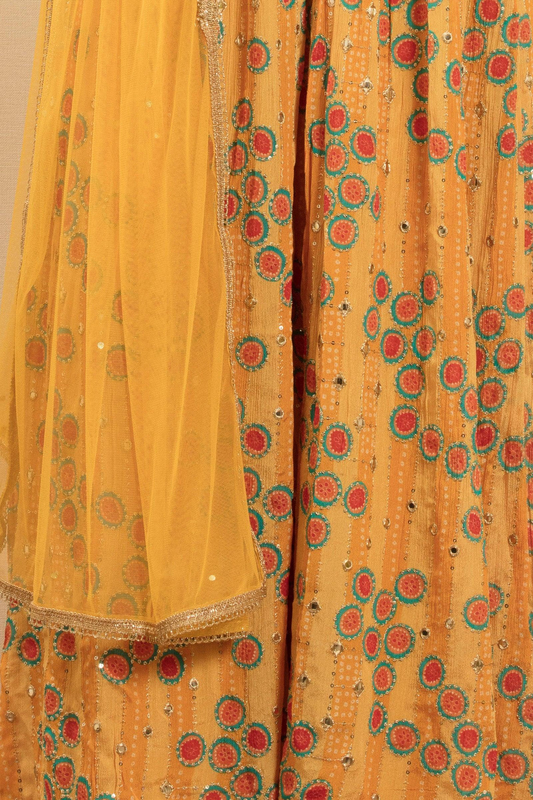 Yellow Sequins, Thread and Mirror work Crop Top with Printed Palazzo Pant and Belt - Seasons Chennai
