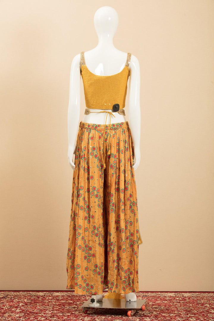 Yellow Sequins, Thread and Mirror work Crop Top with Printed Palazzo Pant and Belt - Seasons Chennai