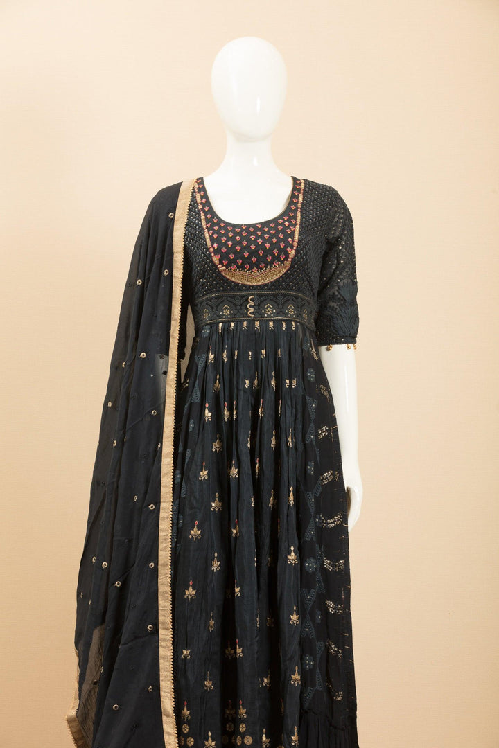 Navy Blue Thread, Sequins, Banaras and Zardozi work Salwar Suit with Palazzo Pants - Seasons Chennai