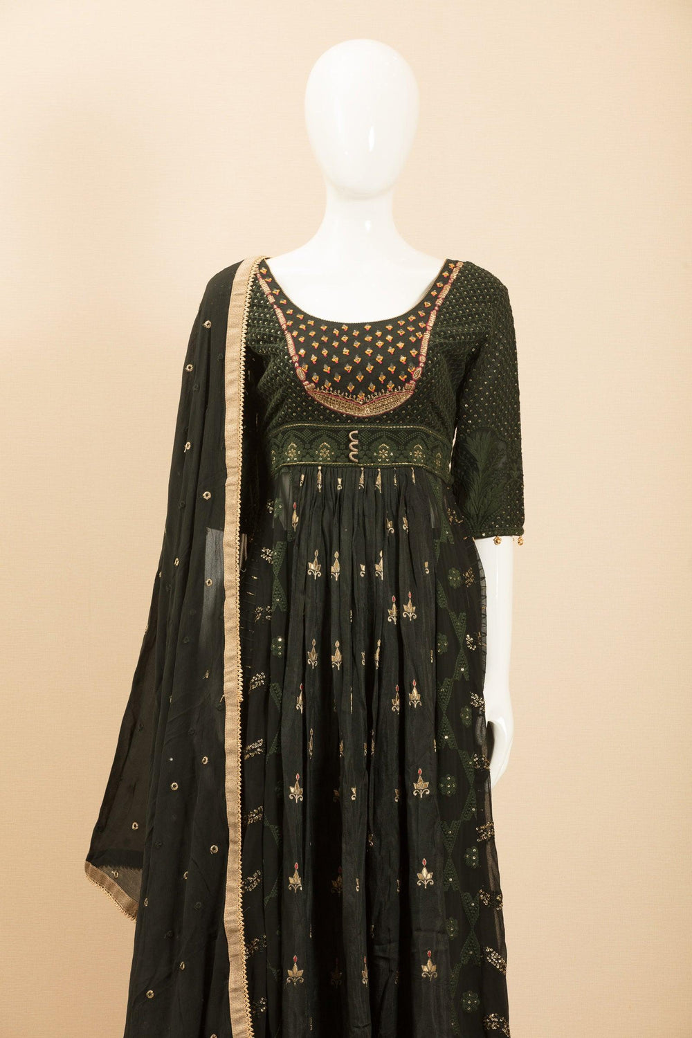 Bottle Green Thread, Sequins, Banaras and Zardozi work Salwar Suit with Palazzo Pants - Seasons Chennai