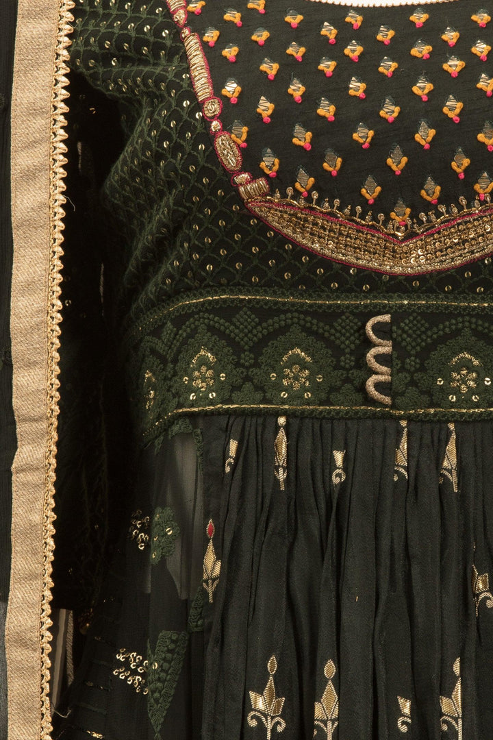 Bottle Green Thread, Sequins, Banaras and Zardozi work Salwar Suit with Palazzo Pants - Seasons Chennai