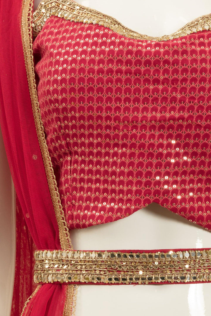 Pink Sequins, Thread and Mirror work Crop Top with Printed Palazzo Pant and Belt - Seasons Chennai