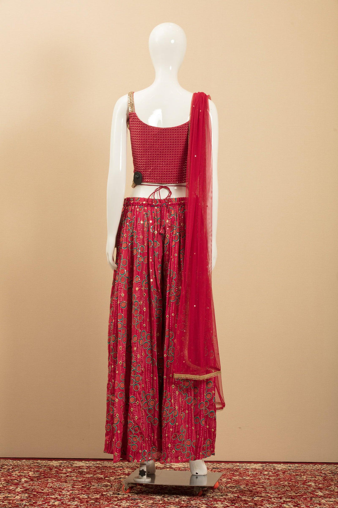 Pink Sequins, Thread and Mirror work Crop Top with Printed Palazzo Pant and Belt - Seasons Chennai