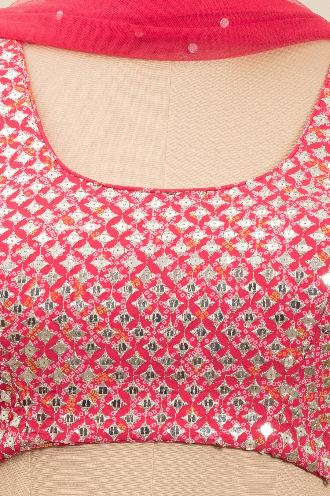 Pink Sequins and Zari work with Bandini Print Crop Top Lehenga - Seasons Chennai