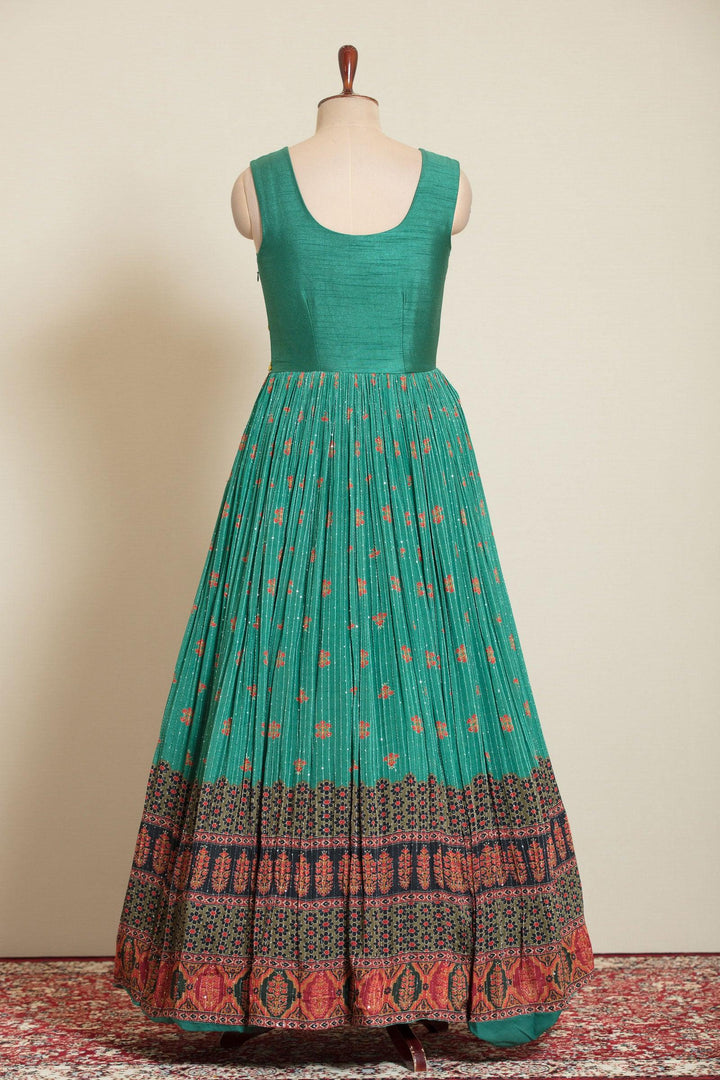 Green Mirror, Thread, Zardozi, Sequins and Thread work with Printed Floor Length Anarkali Suit - Seasons Chennai