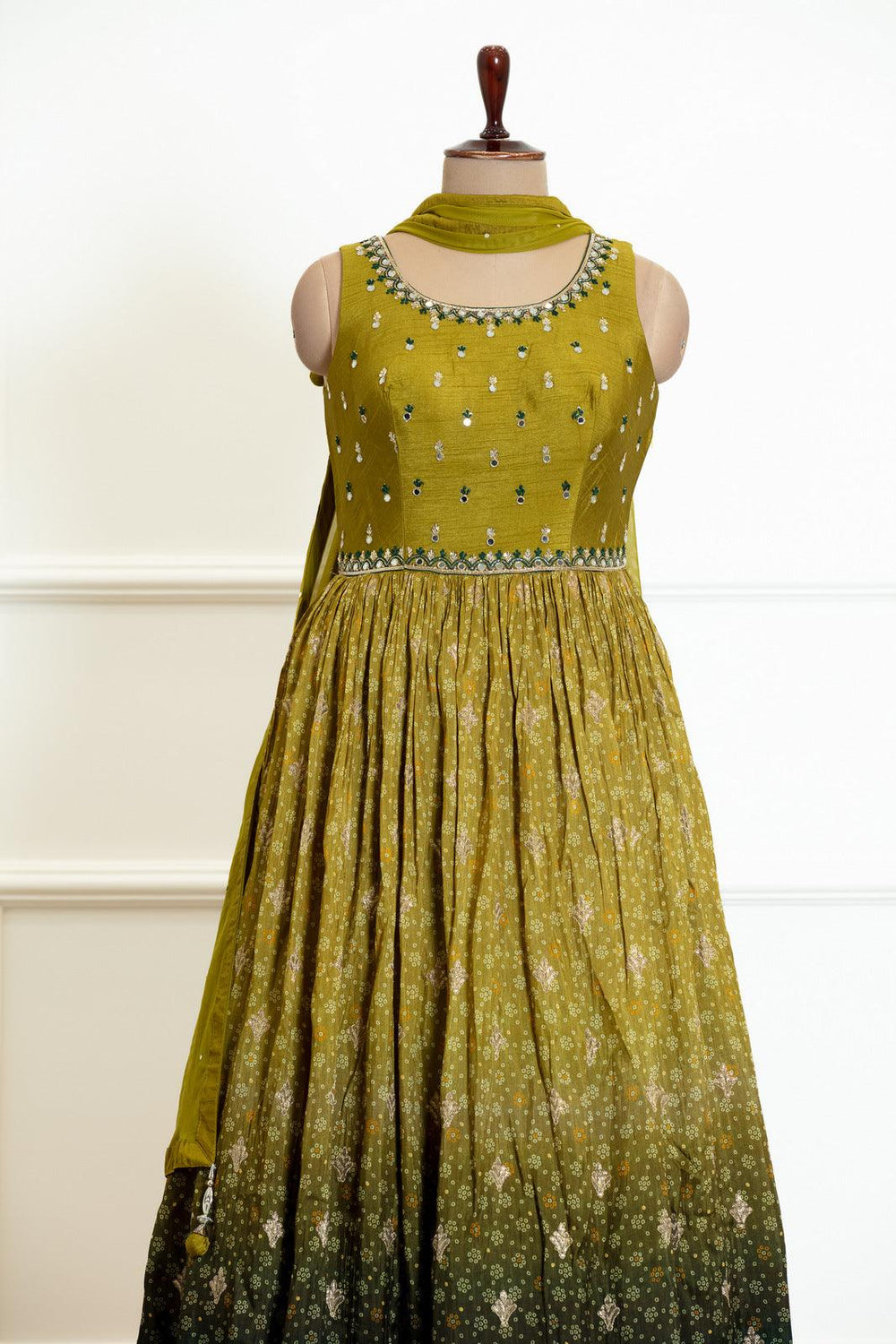 Mehendi Green and Dark Green Shaded Zari and Stone work with Bandini Print Anarkali Suit - Seasons Chennai