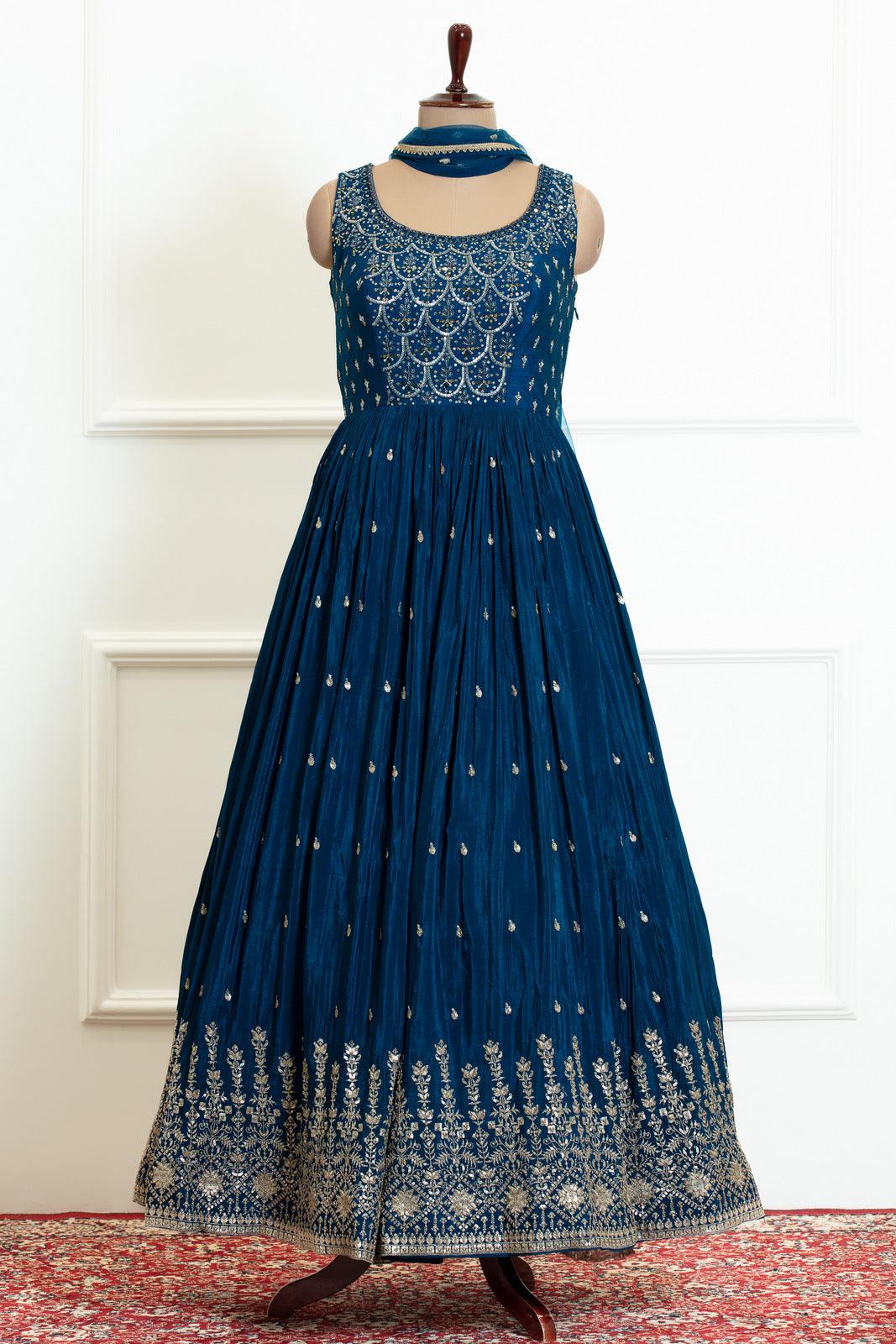 Teal Blue Beads, Sequins, Stone, Mirror and Zari work Floor Length Anarkali Suit - Seasons Chennai