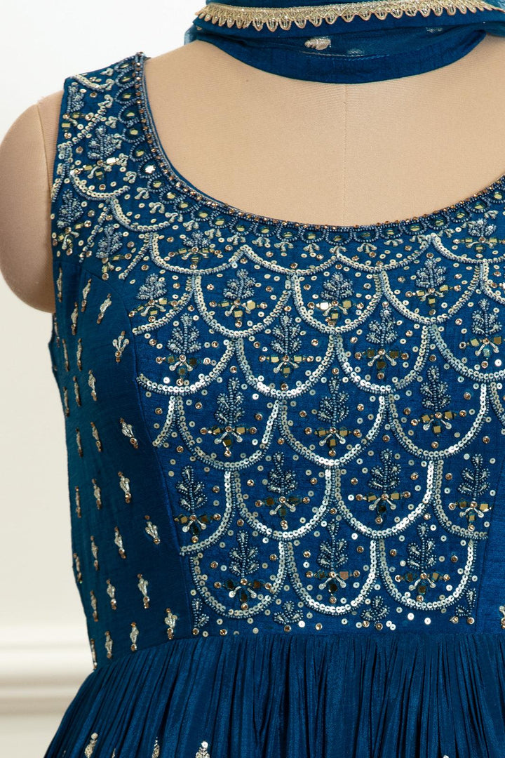 Teal Blue Beads, Sequins, Stone, Mirror and Zari work Floor Length Anarkali Suit - Seasons Chennai