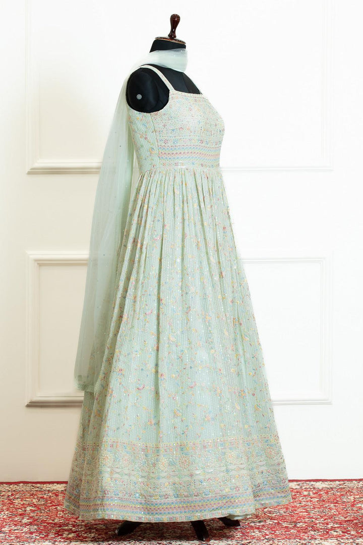 Pista Green Lucknowi, Sequins and Stone work Floor Length Anarkali Suit - Seasons Chennai