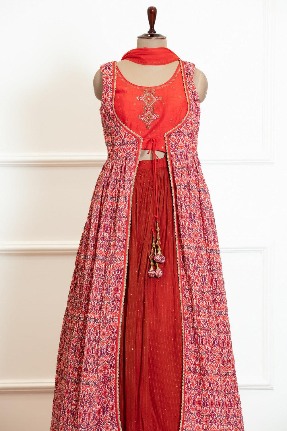 Orange with Brick Red Overcoat Style Chickankari and Thread work Anarkali Suit - Seasons Chennai