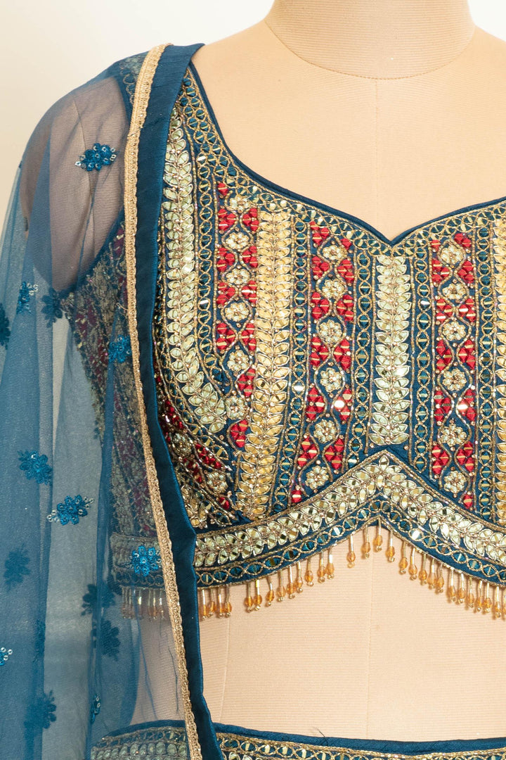 Peacock Blue Mirror, Beads, Zari and Banaras Butta work Crop Top Lehenga - Seasons Chennai