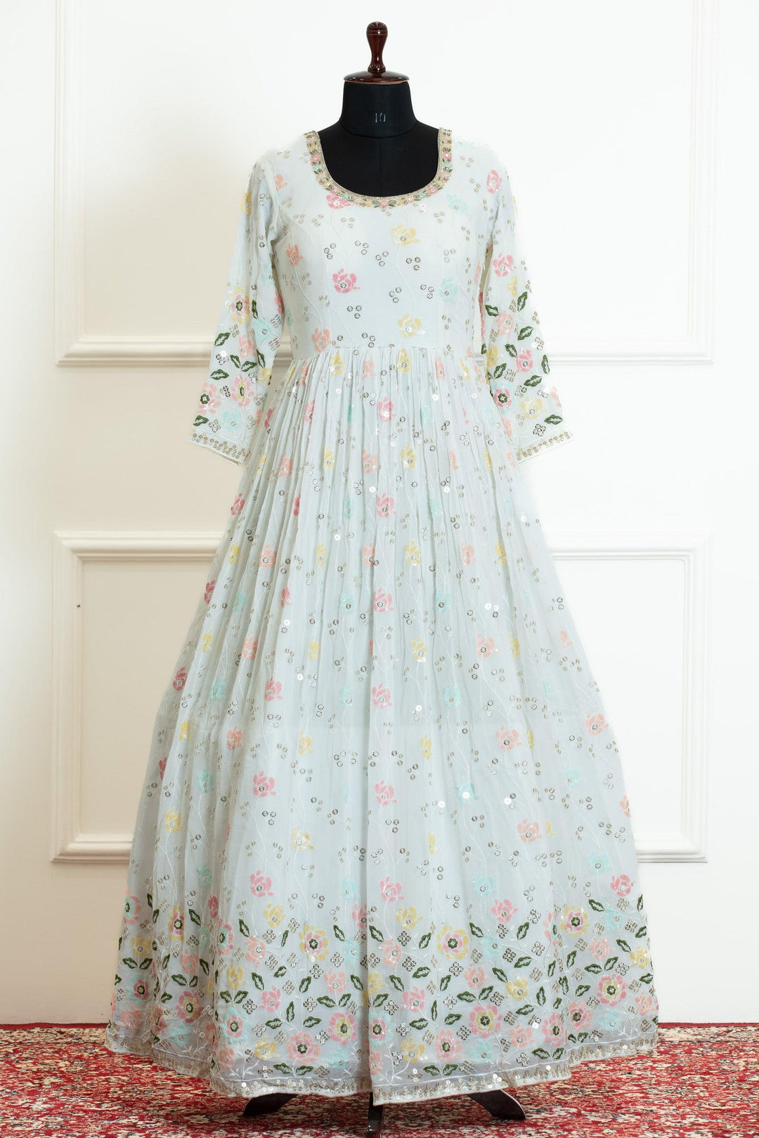 Half White Multicolor Sequins and Thread work Floor Length Anarkali Suit - Seasons Chennai