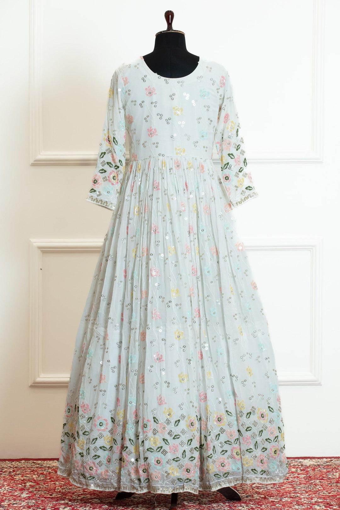 Half White Multicolor Sequins and Thread work Floor Length Anarkali Suit - Seasons Chennai