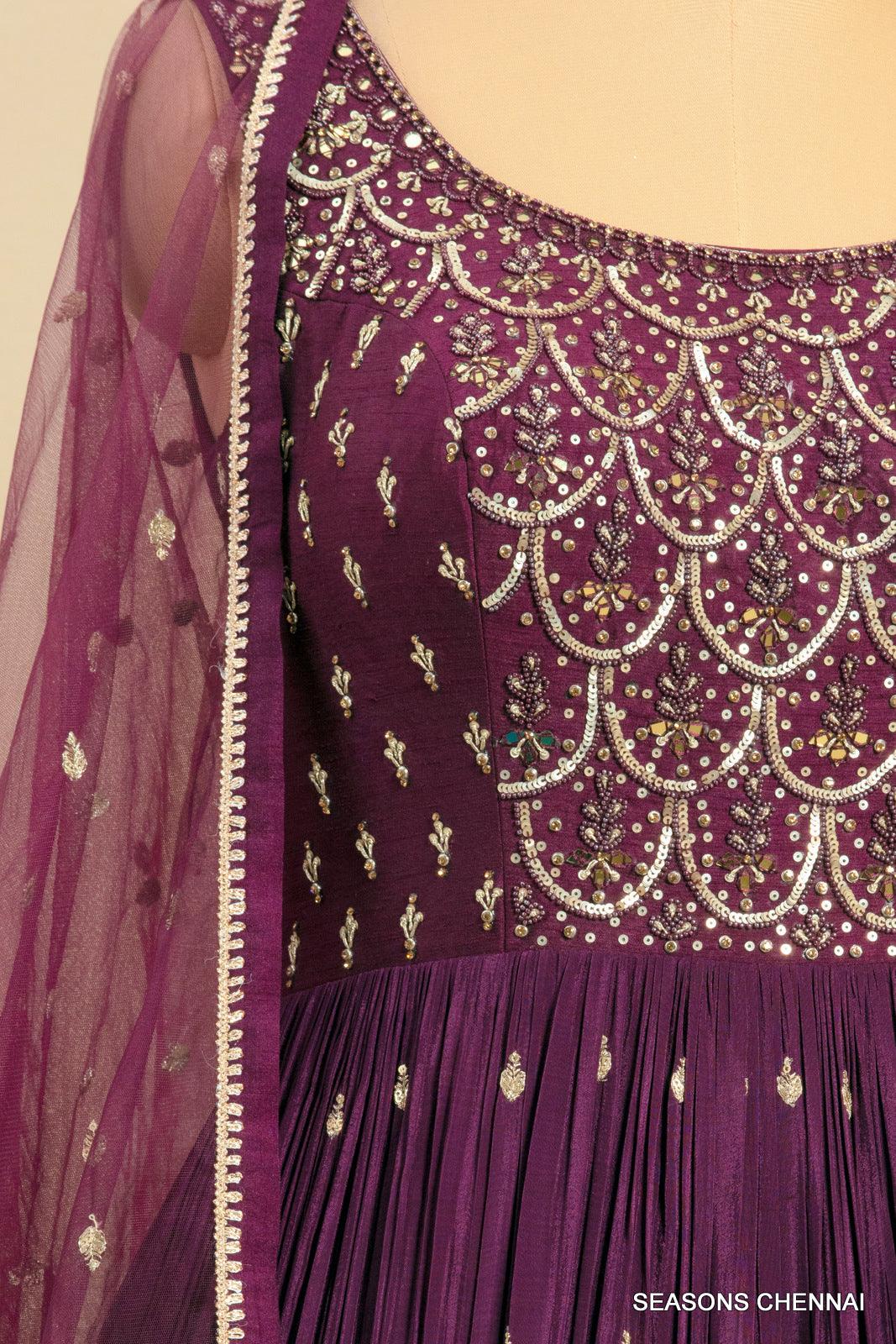 Wine Beads, Sequins, Stone, Mirror and Zari work Floor Length Anarkali Suit - Seasons Chennai