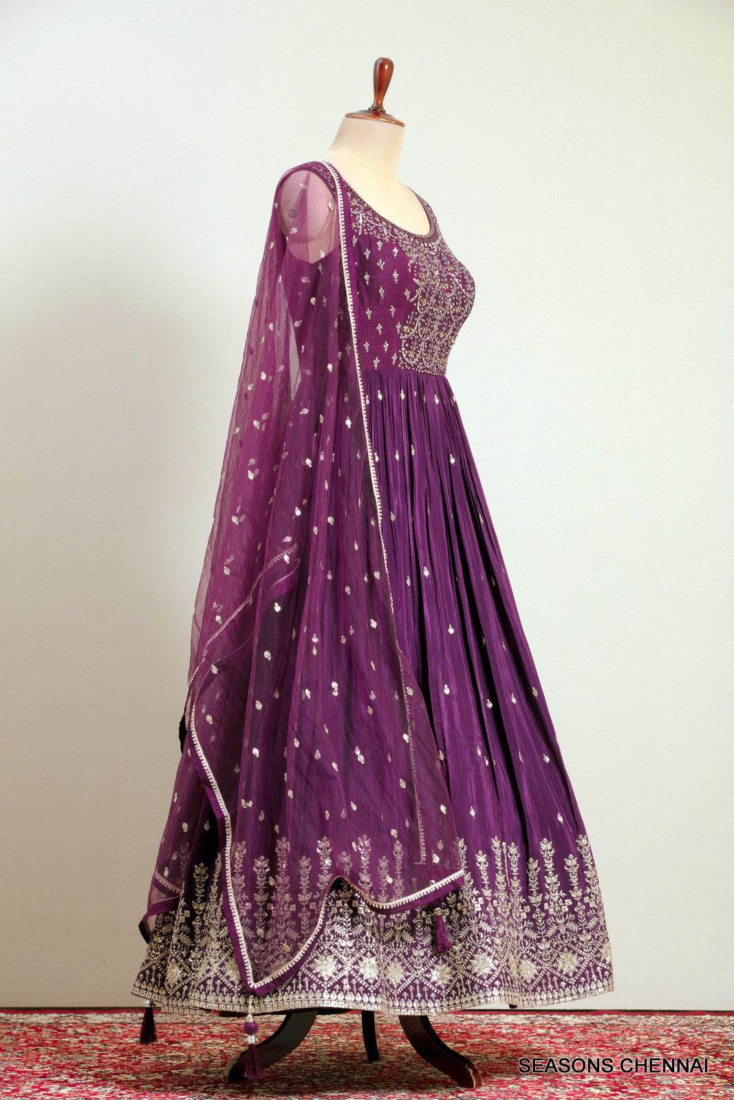 Wine Beads, Sequins, Stone, Mirror and Zari work Floor Length Anarkali Suit - Seasons Chennai