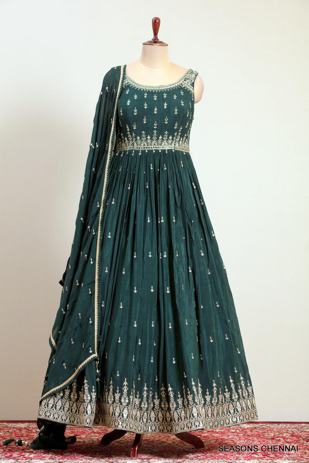 Bottle Green Zari, Stone, Mirror and Sequins work Floor Length Anarkali Suit - Seasons Chennai