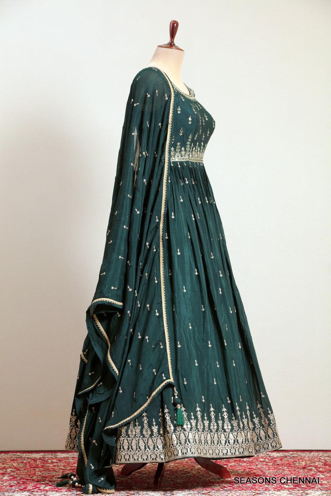 Bottle Green Zari, Stone, Mirror and Sequins work Floor Length Anarkali Suit - Seasons Chennai