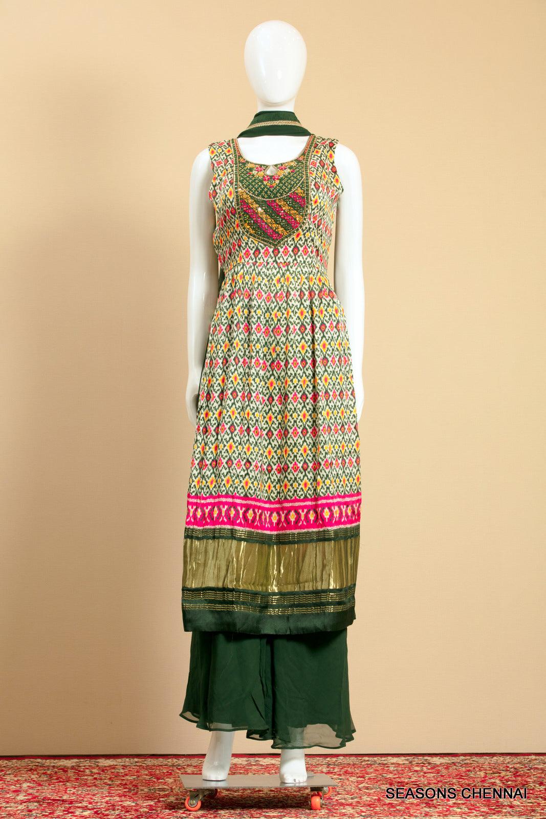 Cream and Green Digital Print, Mirror, Zardozi and Thread work Salwar Suit with Palazzo Pants - Seasons Chennai
