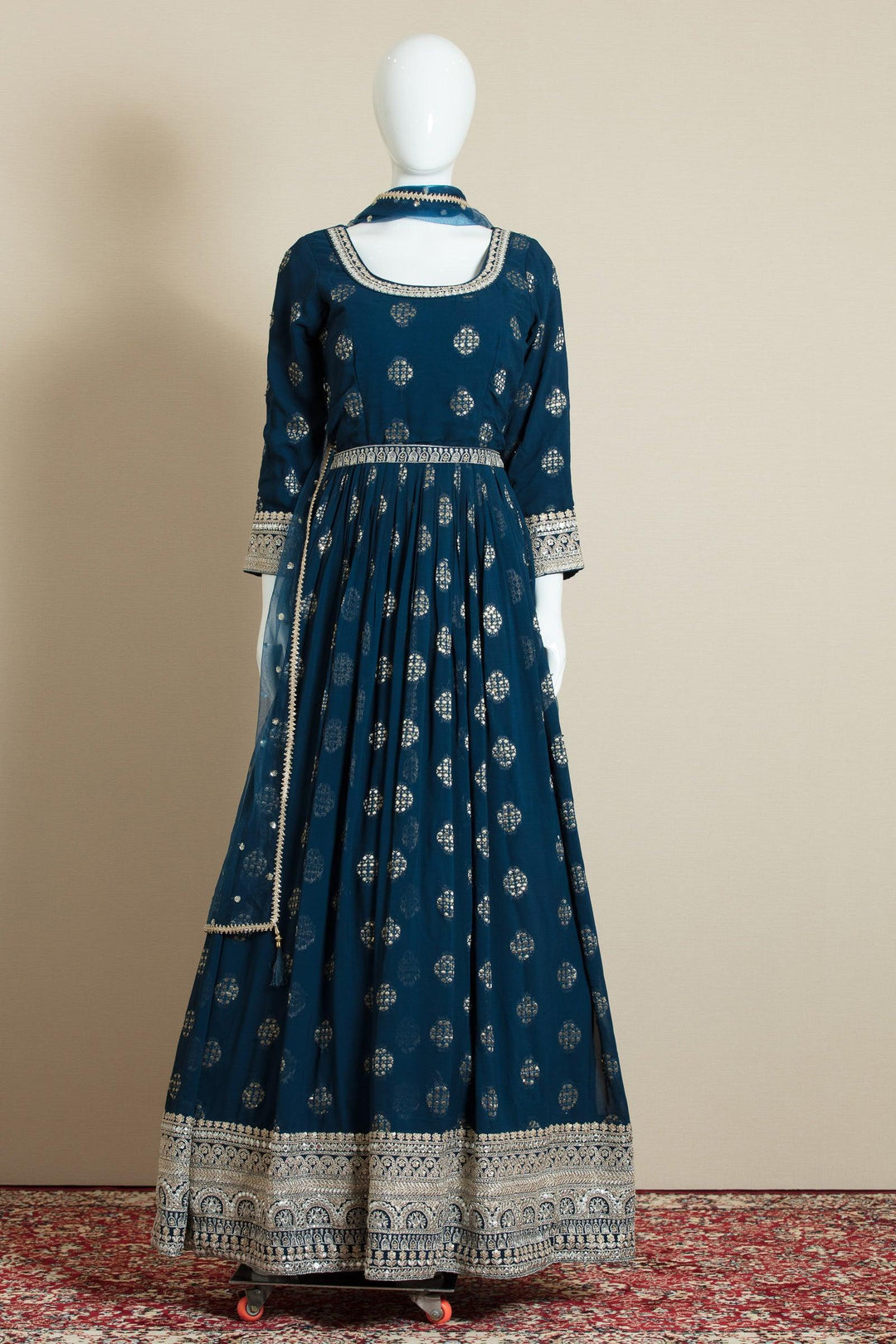 Navy Blue Banaras, Zari and Sequins work Anarkali Suit with Belt - Seasons Chennai