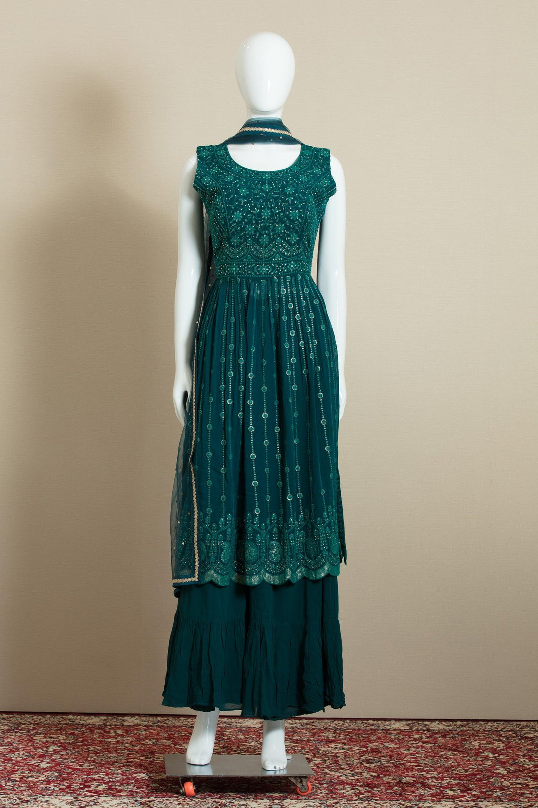 Rama Green Thread, Stone and Sequins work Salwar Suit with Palazzo Pants - Seasons Chennai