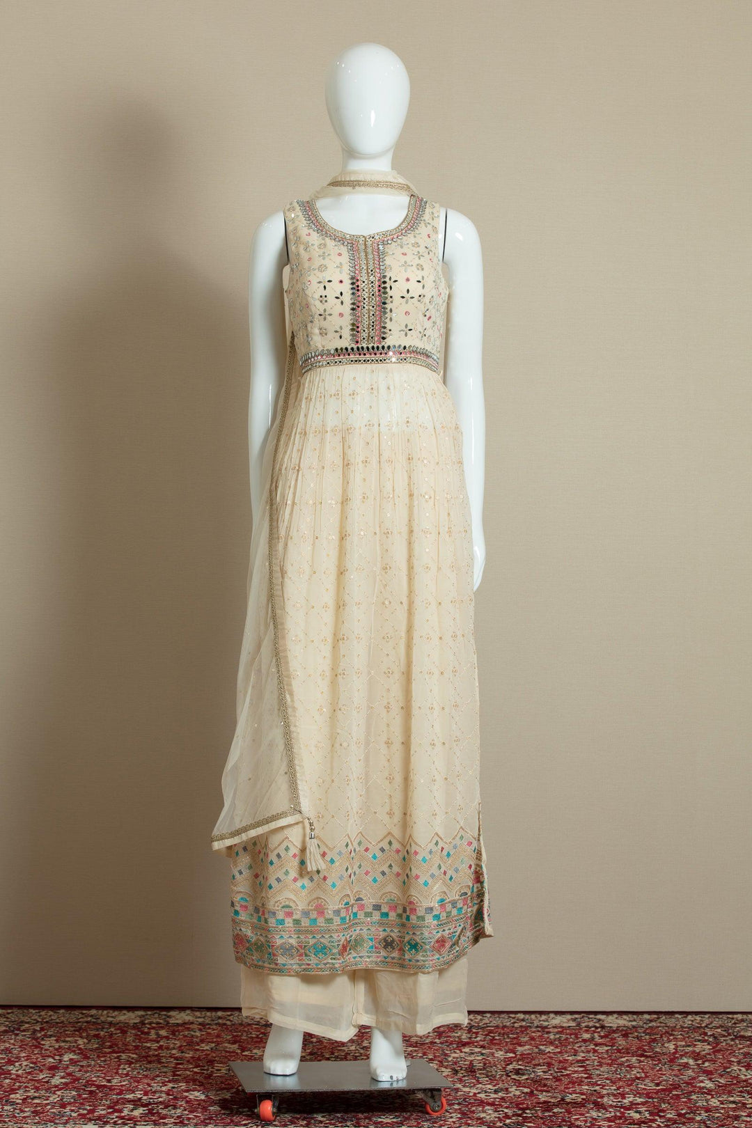 Cream Multicolor Thread, Mirror, Stone and Sequins work Salwar Suit with Palazzo Pants - Seasons Chennai