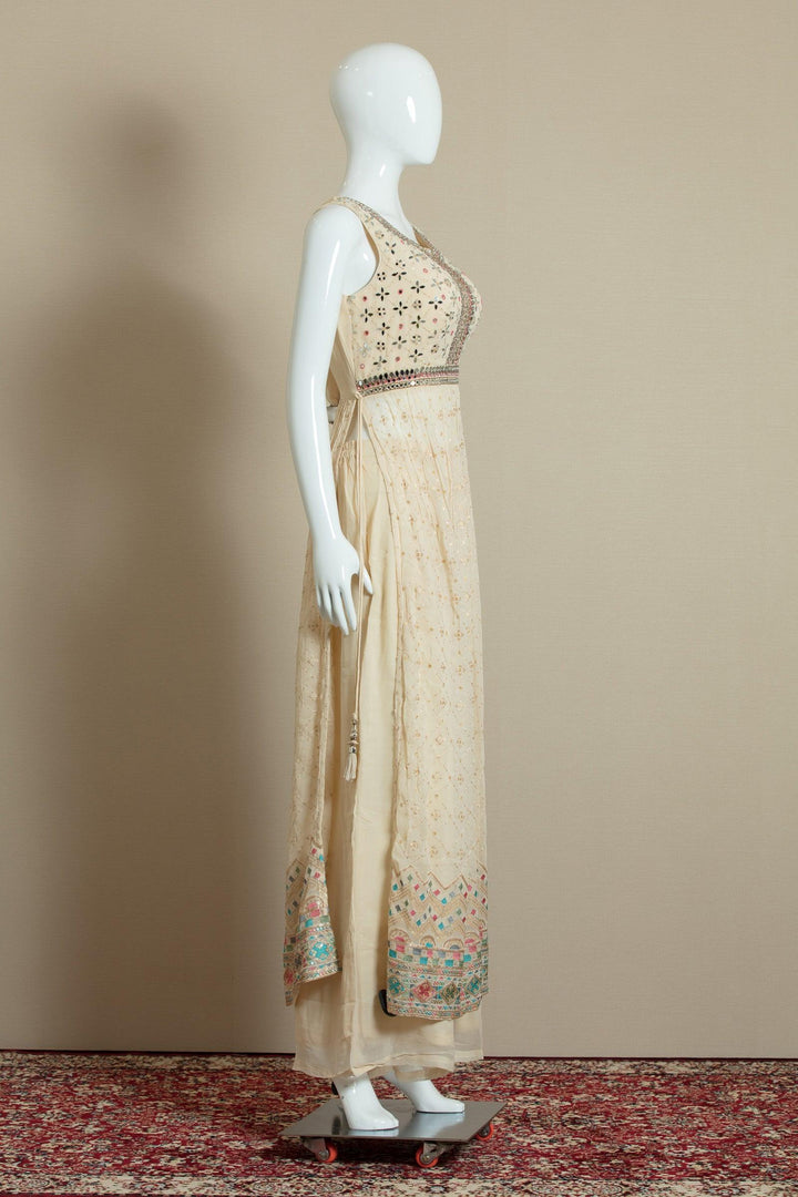 Cream Multicolor Thread, Mirror, Stone and Sequins work Salwar Suit with Palazzo Pants - Seasons Chennai
