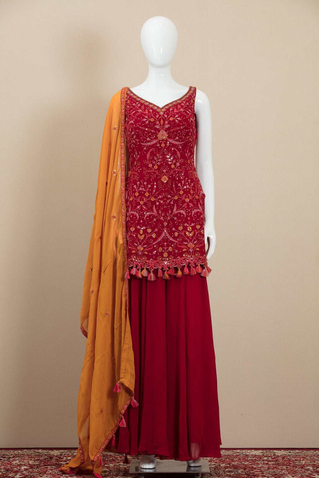 Red Embroidery, Sequins, Stone and Zardozi work Salwar Suit with Palazzo Pants - Seasons Chennai