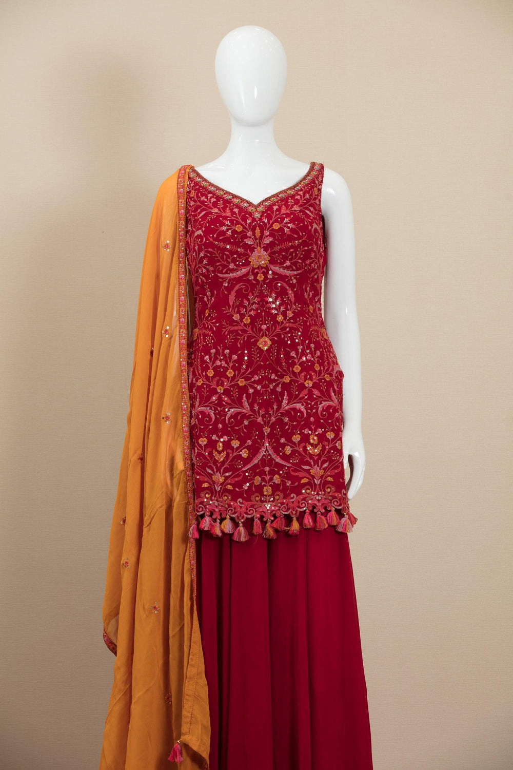 Red Embroidery, Sequins, Stone and Zardozi work Salwar Suit with Palazzo Pants - Seasons Chennai