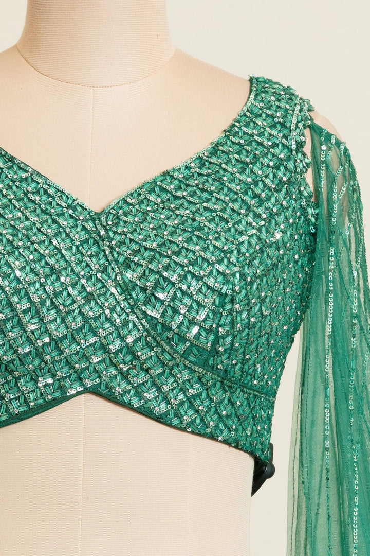 Green Beads, Sequins, Stone and Thread work Crop Top Lehenga - Seasons Chennai