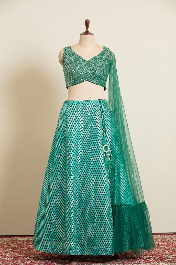 Green Beads, Sequins, Stone and Thread work Crop Top Lehenga - Seasons Chennai
