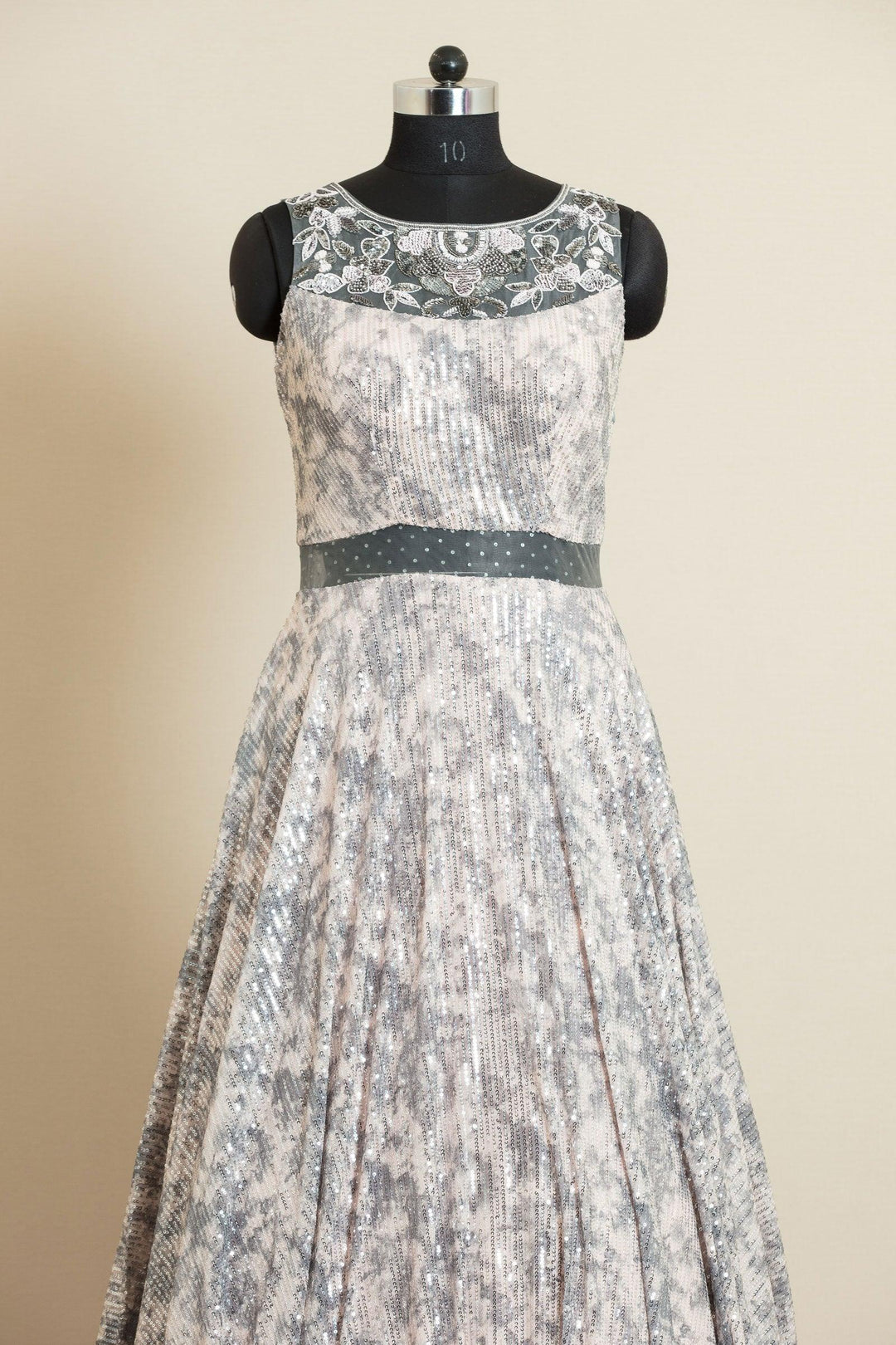 Peach with Grey Tie and Dye Print, Sequins and Beads work Bridal and Partywear Gown - Seasons Chennai