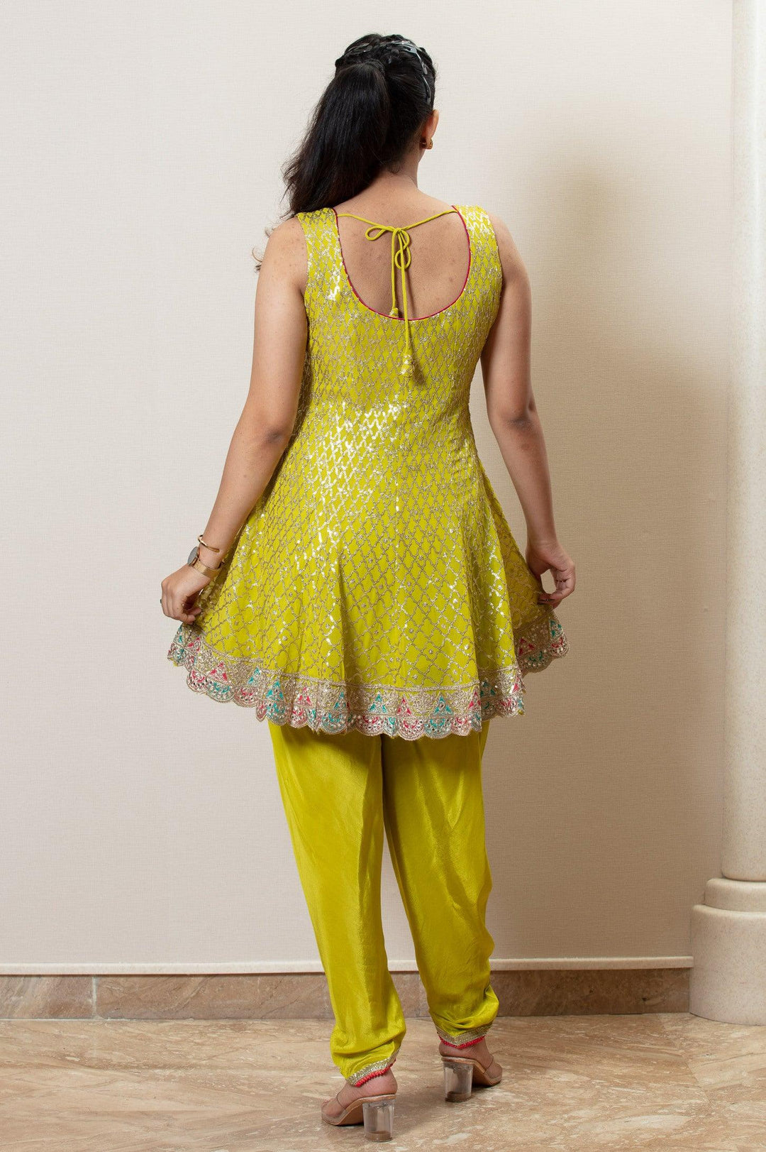 Parrot Green Sequins, Zardozi and Beads work Dhoti Styled Salwar Suit - Seasons Chennai