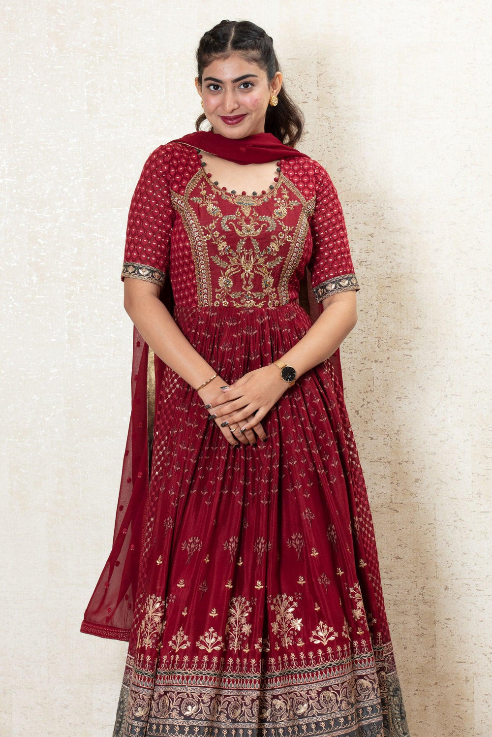 Maroon Beads, Zari, Sequins and Thread work with Printed Floor Length Anarkali Suit - Seasons Chennai
