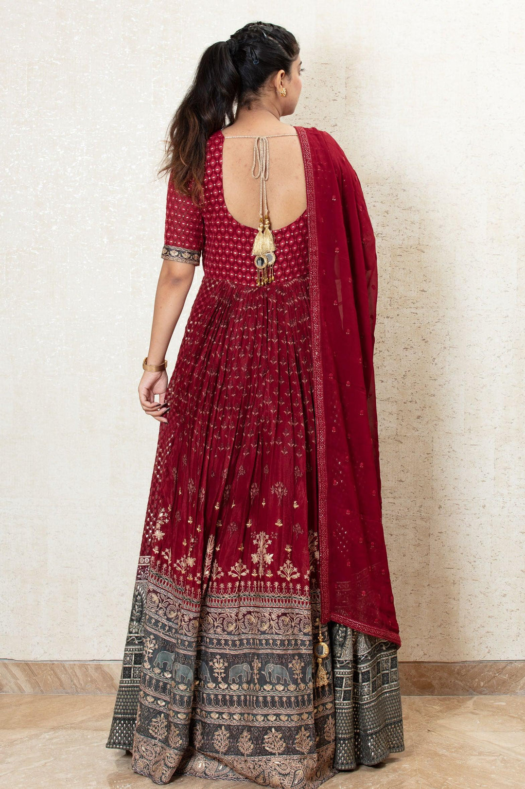 Maroon Beads, Zari, Sequins and Thread work with Printed Floor Length Anarkali Suit - Seasons Chennai