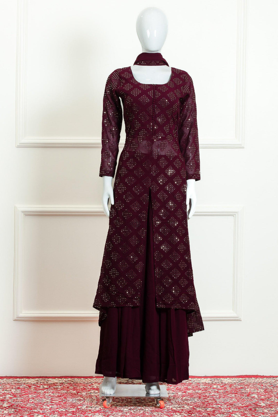 Wine Sequins and Thread work Palazzo Suit Set - Seasons Chennai