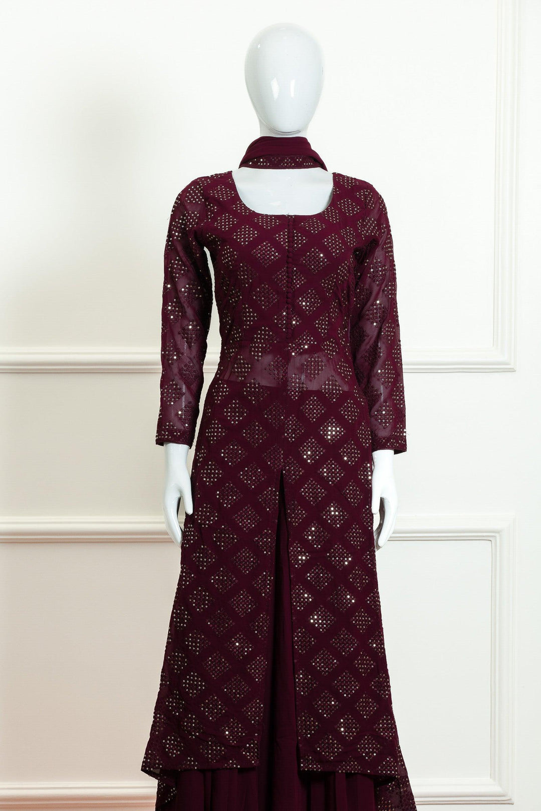 Wine Sequins and Thread work Palazzo Suit Set - Seasons Chennai