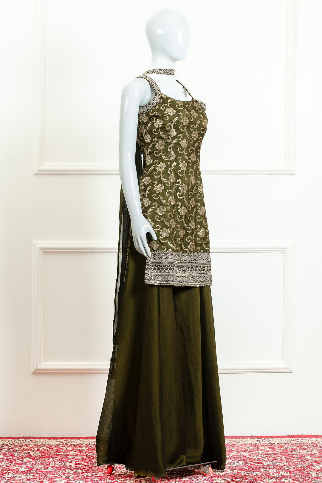 Mehendi Green Banaras, Zari and Sequins work Palazzo Suit Set - Seasons Chennai