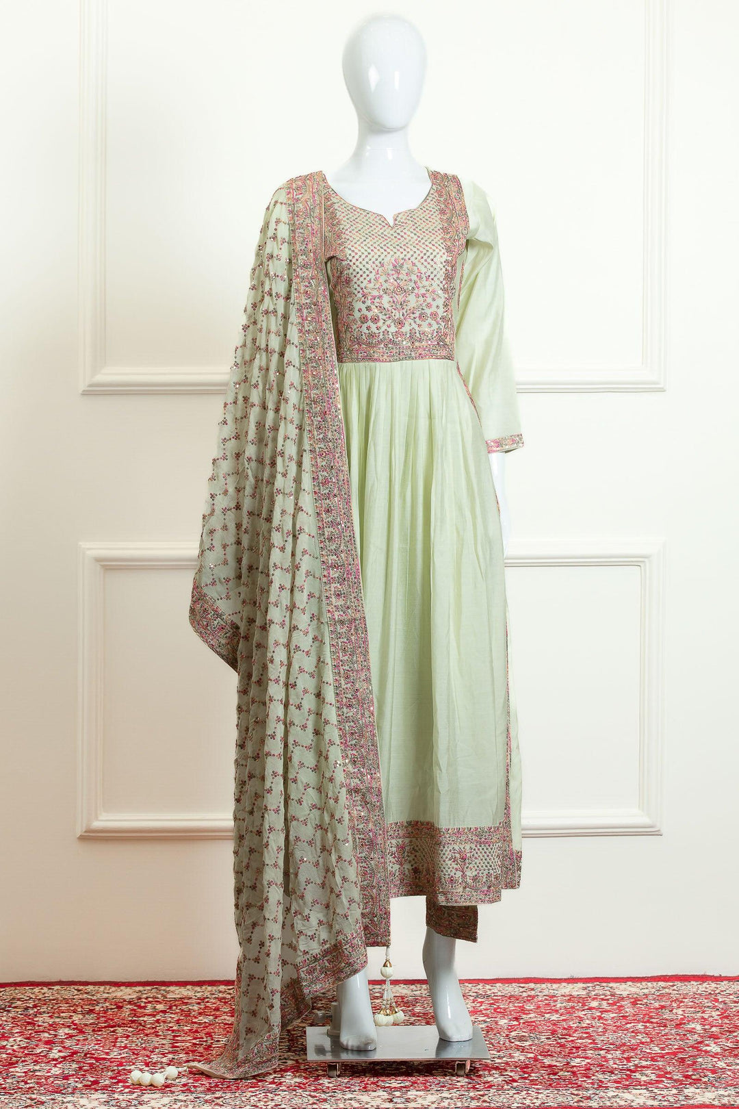 Light Pista Green Multicolor Thread and Sequins work Salwar Suit with Straight Pants - Seasons Chennai